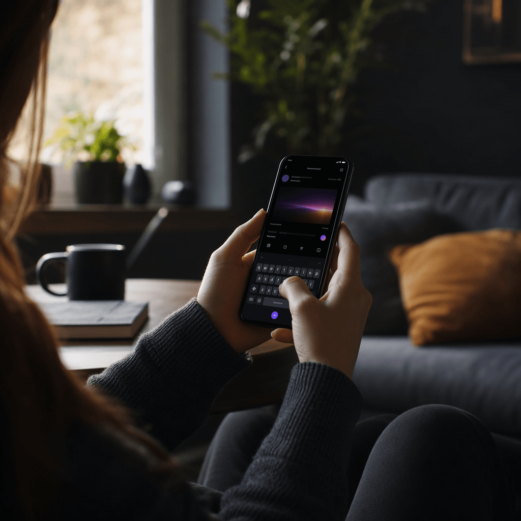 Девушка пишет пост в Threads с телефона в уютной домашней обстановке