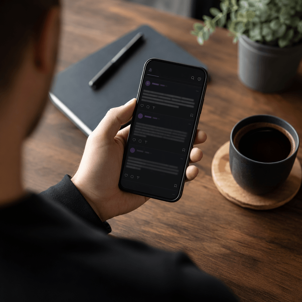 Человек листает текстовую ленту Threads на смартфоне за рабочим столом